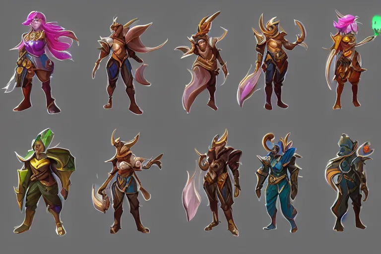 Prompt: Concept art of the new League of Legends Champion, Isometric, Painterly, Digital Painting, Trending on Artstation, Character Reference Sheet