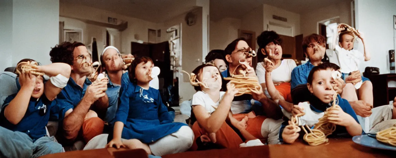 Image similar to a family watching the moon landing on tv, eating spaghetti, in the style of diane arbus, canon 5 0 mm, wes anderson film, kodachrome, retro