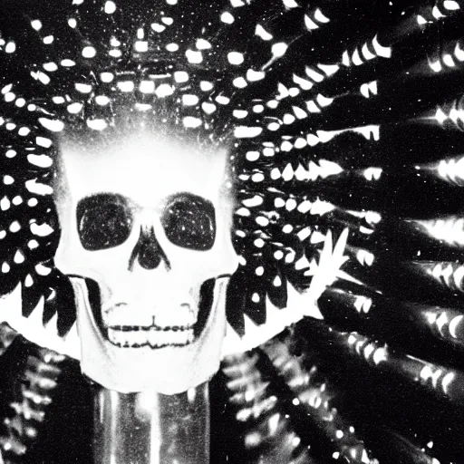 Image similar to a disco skull full of long spikes, reflecting light in a nightclub, grainy film photograph