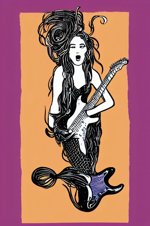 Image similar to illustration of a mermaid playing an stratocaster electric guitar, 3 colour screen print