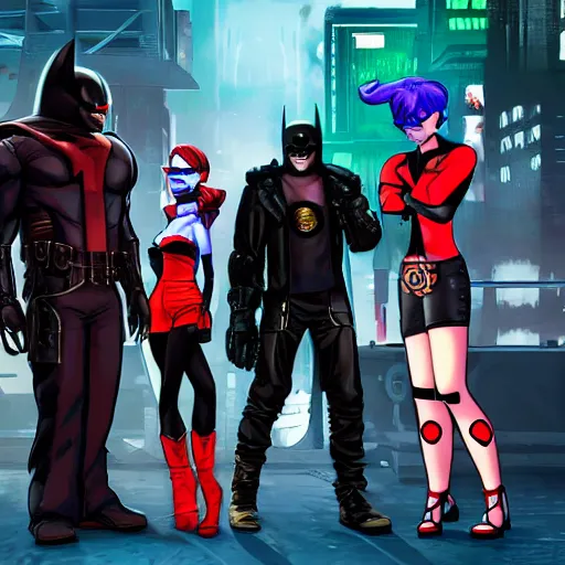 Image similar to cyberpunk Batman, Harley Quinn, Velma, and Shaggy in a platform fighting game