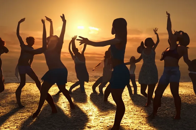 Prompt: everyone dancing at a party at the beach, praising the sun, golden hour, cinematic, atmospheric, 8k resolution, ArtStation, Hyperrealistic