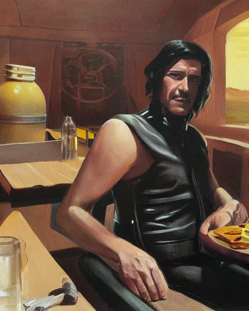 Image similar to rhett sarlin sitting at a table in a cantina on tatooine, long black hair, black leather vest, portrait by ralph mcquarrie