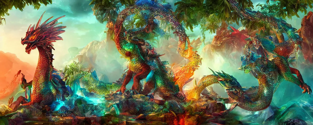 Image similar to crystal dragon in jade jungle with mystical animals, high quality 4k, trending on artstation