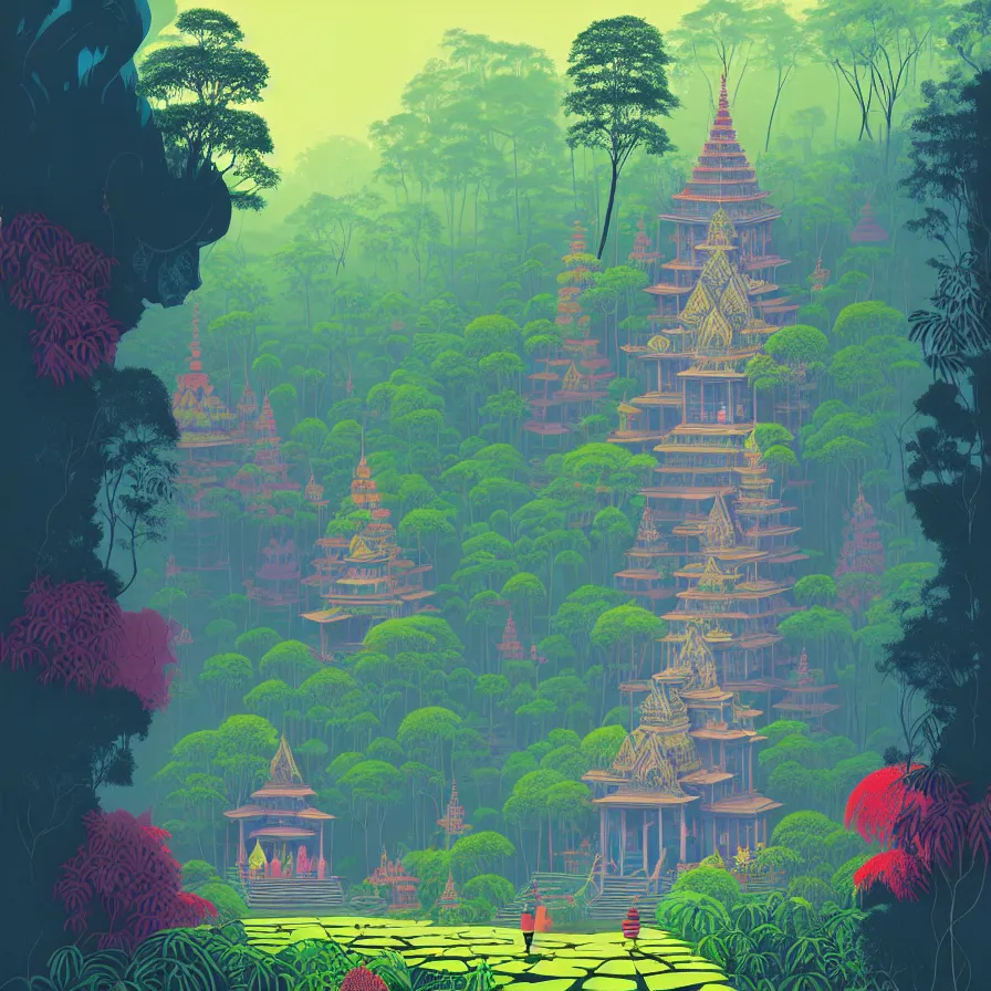 Image similar to ( ( ( gediminas pranckevicius ) ) ), wat bukit perak jungle temple, summer morning, very coherent and colorful high contrast art by james gilleard floralpunk screen printing woodblock, dark shadows, pastel color, hard lighting