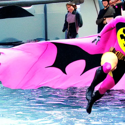 Image similar to batman wearing a pink batsuit and flippers