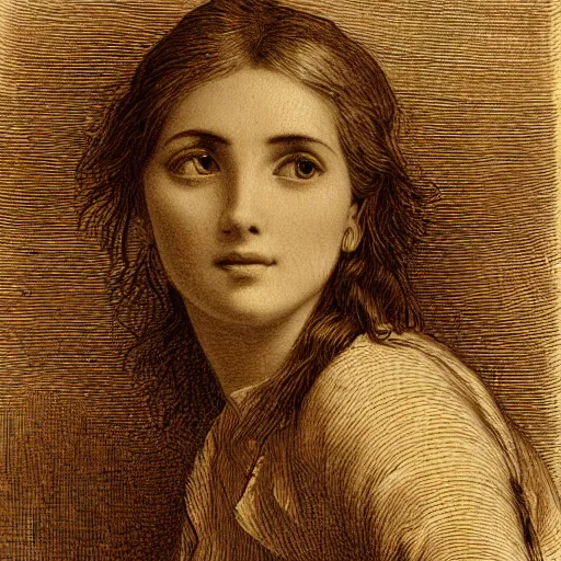 Prompt: extreme close-up, portrait of a young french woman talking at mobile phone, Gustave Dore lithography