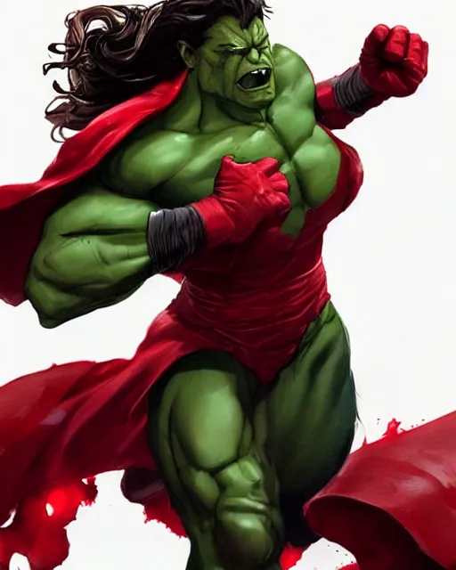 Prompt: marvel's the hulk dressed as the scarlet witch, beautiful face, torn costume, action pose, splash art, comic book style, by wlop, highly detailed, dynamic shadows, trending on artstation, deviant art