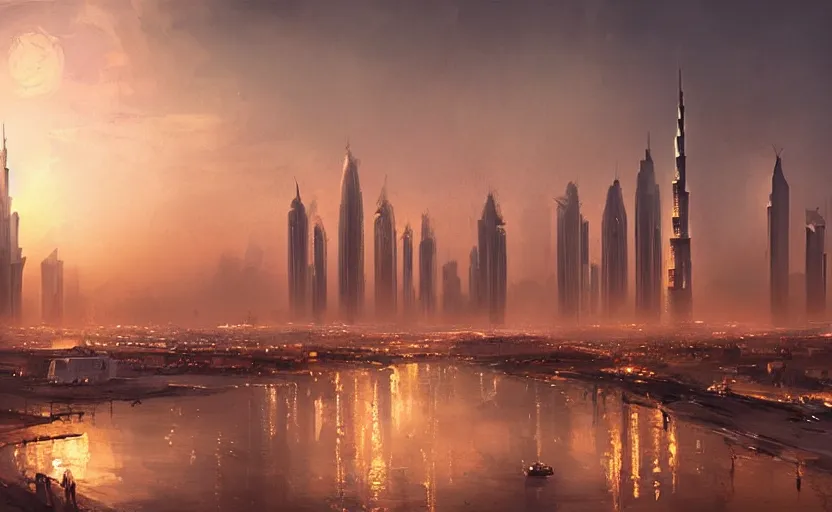 Image similar to painting of skyline of dubai at sunset, natural light, concept art, by greg rutkowski, cozy atmospheric and cinematic lighting