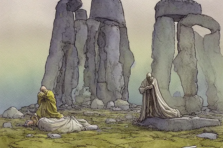 Image similar to a realistic and atmospheric watercolour fantasy concept art of a ufo landing in a floating stonehenge. one dirty medieval monk in grey robes is on his knees praying to the ufo. muted colors. by rebecca guay, michael kaluta, charles vess and jean moebius giraud