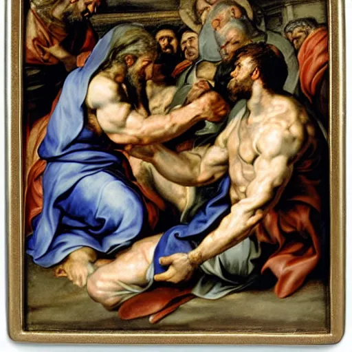 Prompt: the pope arm wrestling Jesus, 24mm Peter paul Rubens