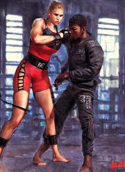 Image similar to ronda rousey vs thug. armbar. cyberpunk mercenary in a cyberpunk jumpsuit ( blade runner 2 0 4 9, cyberpunk 2 0 7 7 ). orientalist portrait by john william waterhouse and james gurney and theodore ralli and nasreddine dinet, oil on canvas. cinematic, hyper realism, realistic proportions, dramatic lighting, high detail 4 k