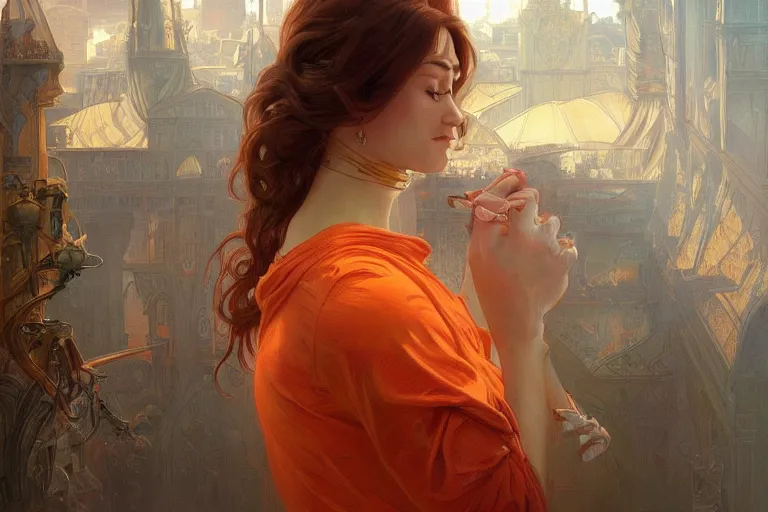 Image similar to portrait of tinfoil hat man in orange t - shirt behind his wife, feelings, romantic, fantasy, intricate, elegant, highly detailed, digital painting, artstation, concept art, smooth, sharp focus, illustration, art by artgerm and greg rutkowski and alphonse mucha