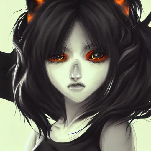 Prompt: anime wolf girl with wild black hair, glowing orange eyes and charcoal skin wearing a t-shirt and jeans, digital art, art station, illustration, highly detailed, artwork