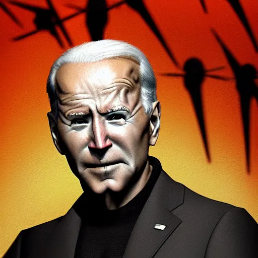 Image similar to closeup portrait biden in dante's inferno painting, crows, crosses, dark beauty, rotten gold, perfect faces, extremely detailed, cinema 4 d, unreal engine.