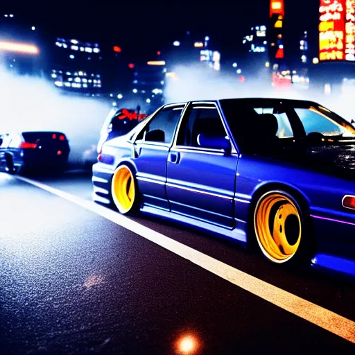 Image similar to a car JZX100 at illegal car meet, Shibuya prefecture, city midnight mist, cinematic color, photorealistic, highly detailed, 200MM