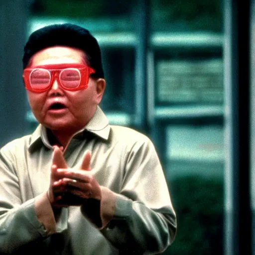 Image similar to movie still of Kim Jong-il wearing a white hockey mask in the role of Jason Voorhees from Friday the 13th (1980), Cooke Varotal 20-100mm T3.1, 35mm film
