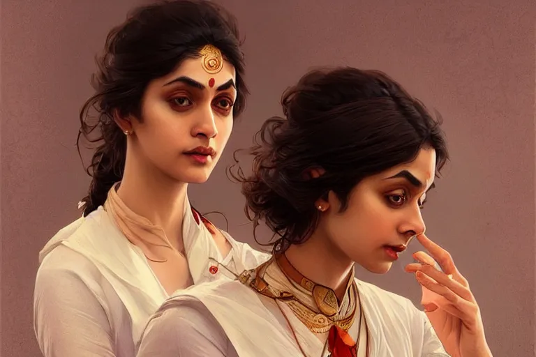 Image similar to Anxious good looking pale young Indian doctors arguing, portrait, elegant, intricate, digital painting, artstation, concept art, smooth, sharp focus, illustration, art by artgerm and greg rutkowski and alphonse mucha