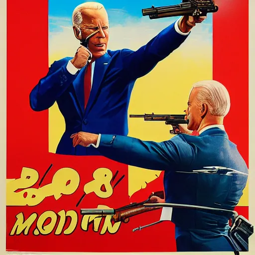 Image similar to propaganda poster of joe biden pointing gun directly at camera in james bond mobie, closeup of gun, visible barrel and grip by j. c. leyendecker, bosch, lisa frank, jon mcnaughton, and beksinski