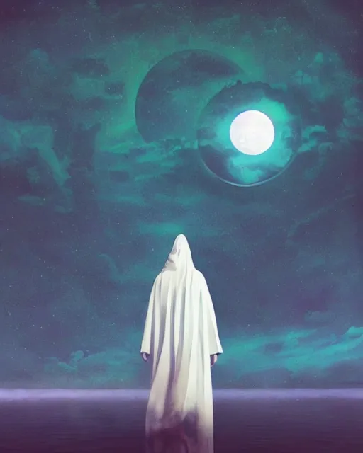 Image similar to a person wearing a white cloak standing in the water. a large planet is overhead. an album cover by stanley twardowicz, trending on cg society, retrofuturism, retrowave, chillwave, synthwave