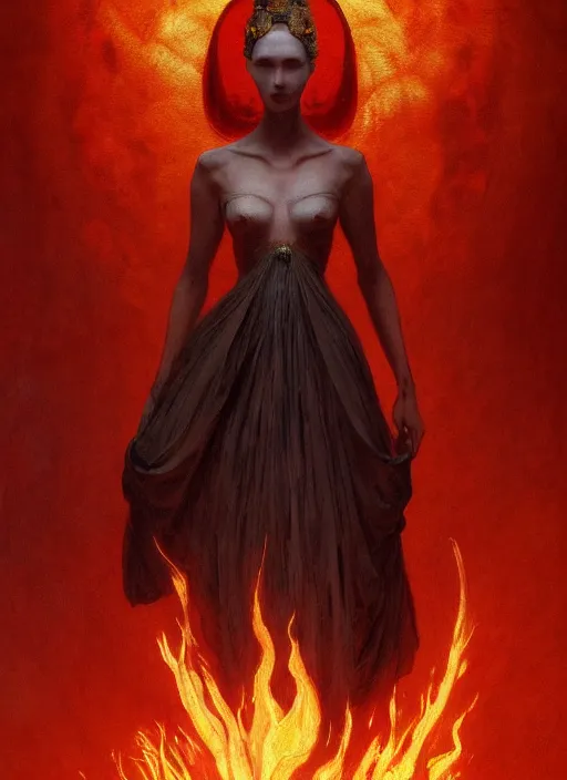 Image similar to Girl at a fashion show in hell, model a magnificent McQueen couture bright clothes, fashion style, horror, fire, lava, intricate, elegant, highly detailed, artstation, concept art, smooth, sharp focus, illustration, art by and greg rutkowski and orientalism and bouguereau and Zdzislaw Beksinski