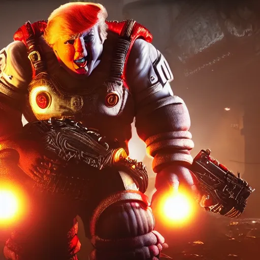 Image similar to donald trump as a clown in gears of war, splash art, movie still, cinematic lighting, ray tracing, detailed clown face, octane render, long lens, shallow depth of field, bokeh, anamorphic lens flare, 8 k, hyper detailed, 3 5 mm film grain