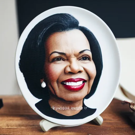 Prompt: Condoleezza Rice commemorative plate, studio photograph, XF IQ4, 150MP, 50mm, F1.4, ISO 200, 1/160s, natural light, Adobe Photoshop, Adobe Lightroom, photolab, Affinity Photo, PhotoDirector 365