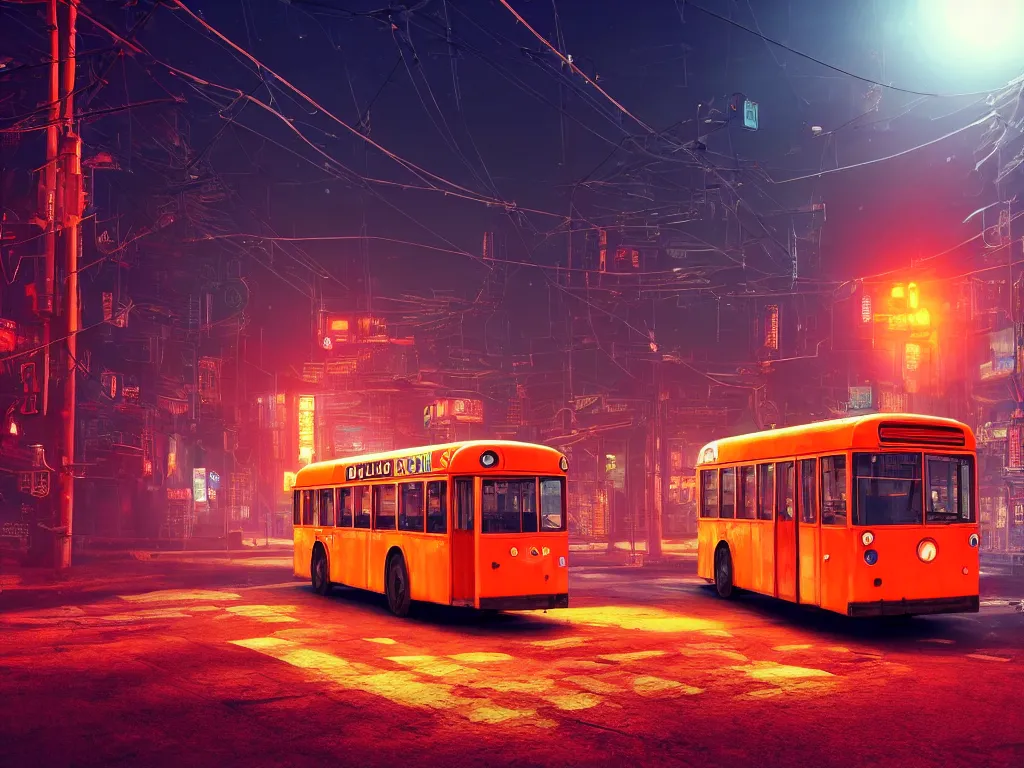 Prompt: an old shabby orange trolleybus stands at a stop on the other planet, headlights shine with neon light, in the background in the distance the earth, atmospheric, futuristic, cyberpunk, ray tracing global illumination, 8 k resolution, ultra detailed