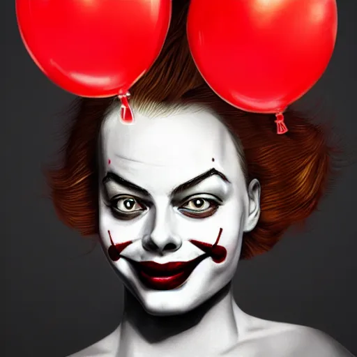 Image similar to surrealism grunge cartoon portrait sketch of margot robbie with a wide smile and a red balloon by - michael karcz, loony toons style, pennywise theme, horror theme, detailed, elegant, intricate