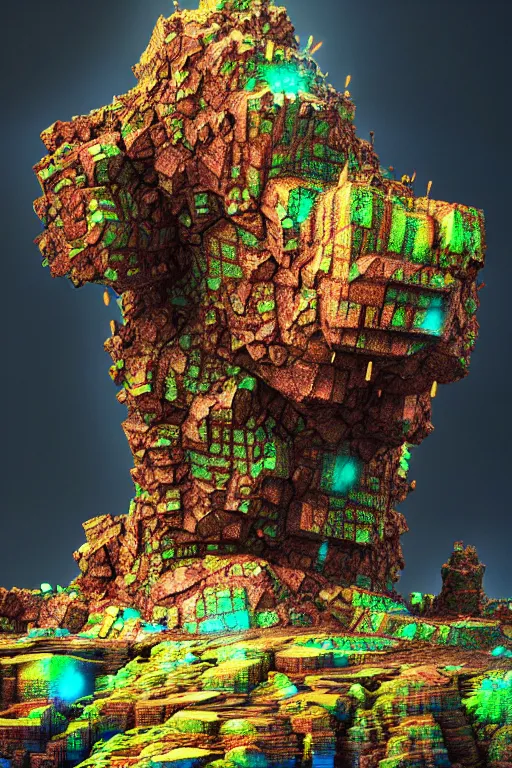 Image similar to concept art of totally fractal bismuth rock giant golem : : patterns rainbow fractalization : : extremely high details, masterpiece, photorealistic, hyperrealism, vray, octane render, volumetric lighting, depth of field, bokeh, artstation, cgsociety by johannen voss, greg broadmore