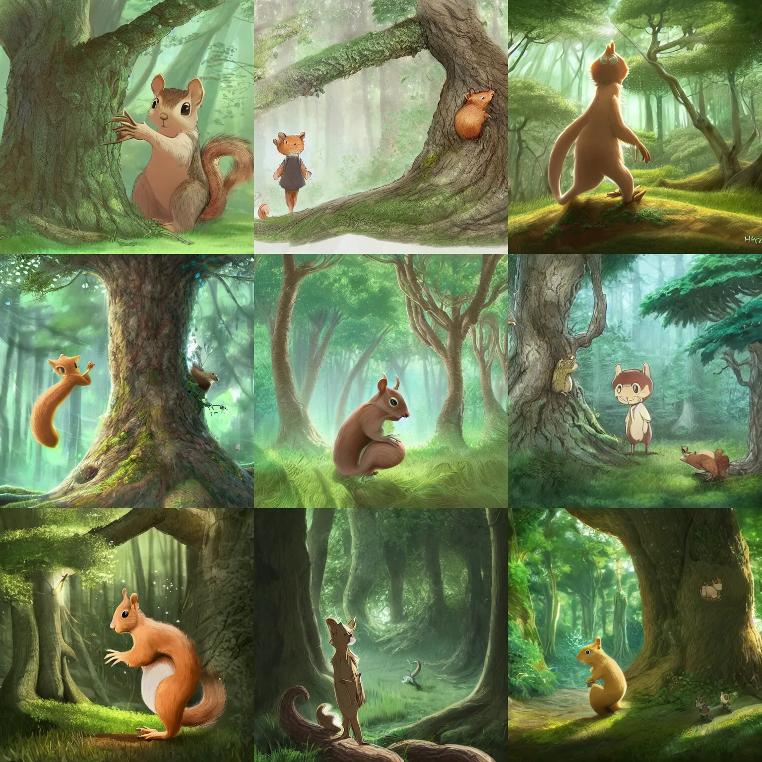 Prompt: An ultradetailed concept art of a gentle ent in a sweet forest who take care of all the small animal around him, a squirrel is playing on his shoulder, High resolution concept art, by Hayao Miyazaki