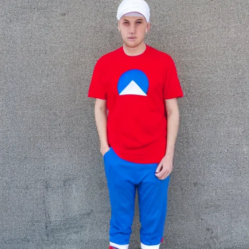 Image similar to a full body shot of an average white, short young - adult man with blue dyed hair holding a microphone, wearing a red backwards cap, white t - shirt with a red no symbol on it, blue long pants and red shoes