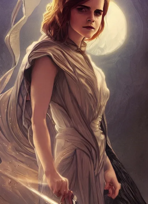 Image similar to Emma Watson as Lucifer morningstar, very detailed, digital art, concept art, illustration, trending on ArtStation, art byvgreg rutkowski and alphonse mucha and J. C. Leyendecker