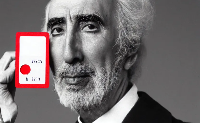 Prompt: movie still close-up portrait of Christopher Lee as a Victorian inventor proudly holding a small red plastic card with holes punched in it, by David Bailey, Cinestill 800t 50mm eastmancolor, heavy grainy picture, very detailed, high quality, 4k, HD criterion, precise texture and facial expression