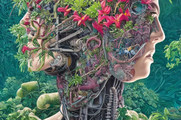 Image similar to gigantic robot head, a lot of exotic vegetation, trees, flowers by junji ito, tristan eaton, victo ngai, artgerm, rhads, ross draws, hyperrealism, intricate detailed