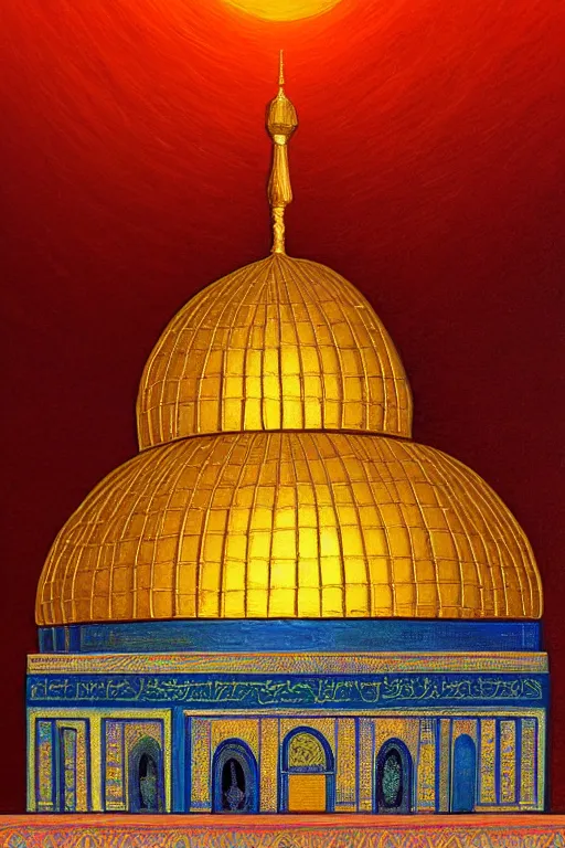 Image similar to a beautiful oil painting flyer design illustration of dome of the rock jerusalem and a silhouette of muslim is praying to god in front of it, intricate, elegant, glowing lights, highly detailed, digital painting, artstation, concept art, smooth, sharp focus, illustration, in the style of martin johnson heade and mark ryden