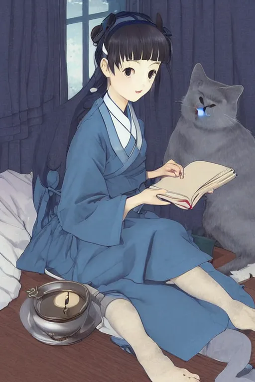 Prompt: a digital painting of a girl in Japanese high school uniform reading a book with a cat and candle in A comfortable bed room at midnight,blue and grey theme,JK uniform ,Hairdryer,blue theme,S line, by krenz cushart and mucha and range murata and greg rutkowski