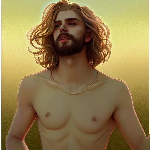 Prompt: young man with shoulder length shiny shimmering golden blond hair, path traced, highly detailed, high quality, digital painting, by studio ghibli and alphonse mucha, leesha hannigan, beautiful details, soft and warm