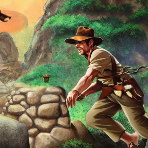 Image similar to Indiana Jones being chased by a boulder trap, boulder chase, underground sandstone temple background, giant round stone chasing Indiana Jones, raiders of the lost ark, detailed background, anime key visual