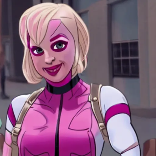 Image similar to A still of Gwenpool in Deadpool 3 (2023), blonde hair with pink highlights, no mask, white and light-pink outfit, smiling and winking at the camera, comics accurate design