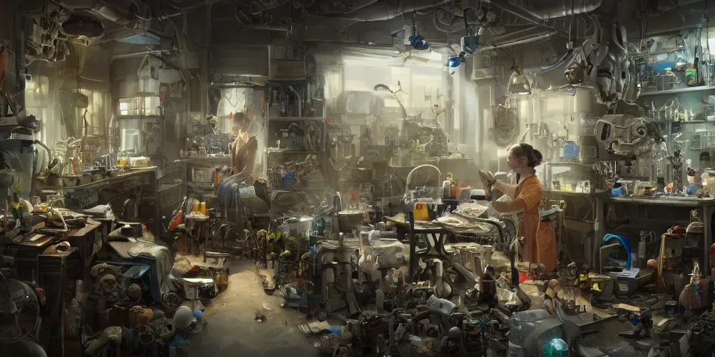 Image similar to an environmental concept art of a female scientist building a robot in a cluttered workshop, highly detailed, cinematic, dramatic lighting by francis tneh