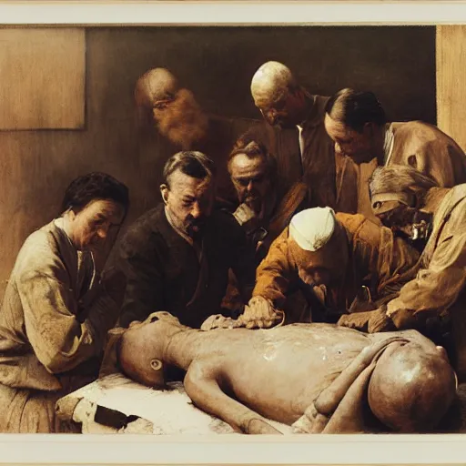 Image similar to shikki funereal by walter langley. a beautiful conceptual art of a team of surgeons gathered around a patient on an operating table, with one surgeon in the process of cutting into the patient's chest. the conceptual art is full of intense colors & brushstrokes, conveying the urgency & intensity of the surgery.