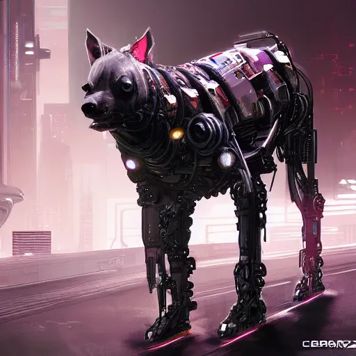 Image similar to cybernetically enhanced cyborg hyena, realistic cyberpunk 2 0 7 7 concept art