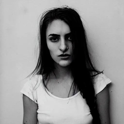 Image similar to 35mm film photo of an atractive cool alternative bosnian woman in her early 20s. beautiful face. She has dark brown hair, dark thick eyebrows, brown eyes and shoulder long hair.