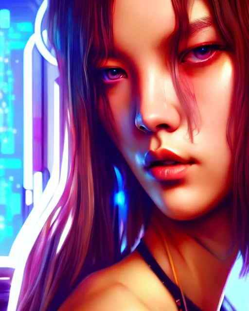 Image similar to beautiful digital painting of lalisa with high detail, ( cyberpunk 2 0 7 7, bladerunner 2 0 4 9 ) 8 k, stunning detail, photo by artgerm, greg rutkowski and alphonse mucha, unreal engine 5, 4 k uhd