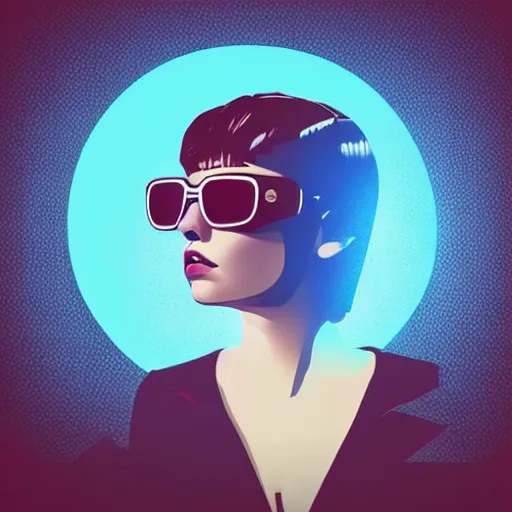 Image similar to a woman with light blue shutter shades in front of a sunset, a dark brown leather jacket, one side brown haircut with blue ends, vector art by jan tengnagel, pixabay contest winner, retrofuturism, retrowave, synthwave, outrun, portrait, synthwave