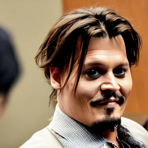 Image similar to Johnny Depp happy in courtroom , ultra Realistic 8k