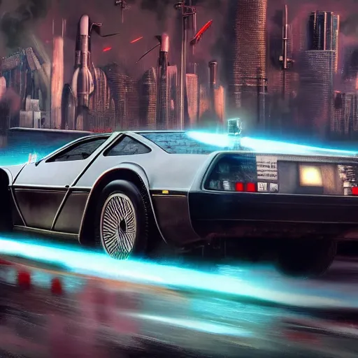 Image similar to a formula 1 from the future, nuclear powered, racing with doc's delorean detailed, artstation, concept art, donato giancola, joseph christian leyendecker, wlop, strong eyes, highest resolution, extremely detailed | beautiful, establishing shot, artistic, hyperrealistic, enhanced hands, octane render