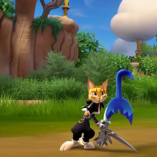 Image similar to A leaked image of a Warrior cats world in Kingdom Hearts 4, Kingdom hearts worlds, , action rpg Video game, Sora wielding a keyblade, Sora as a cat, cartoony shaders, rtx on, Erin hunter, Warrior cats book series