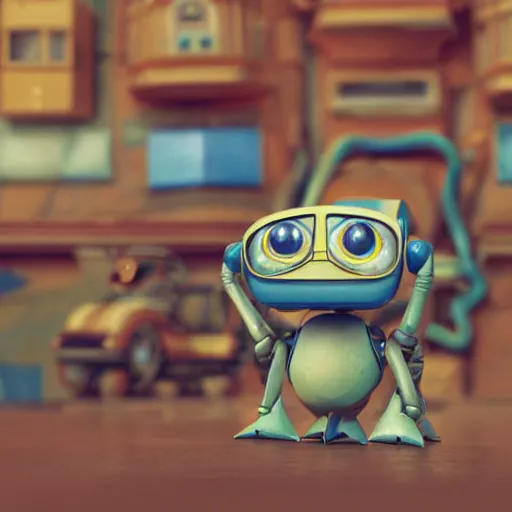 Prompt: two small chubby bots, hyperdetailed colourful, panelling, aerodynamic, intricate detail, holding, style of cute pokemon, with damaged rusty arms, antenna, jerboas, floating, white studio, oil, mechanical, cute toy, wall - e, ambient light, in the style of pixar animation, pokedstudios, blender, octane render, 8 k,